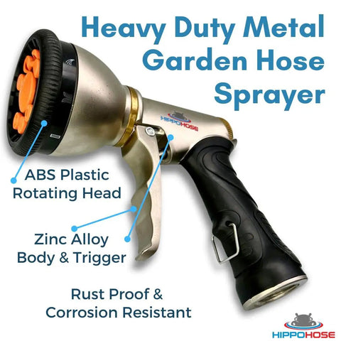Heavy Duty Metal Garden Hose Nozzle Featuring Nine Versatile Spray Patterns For Outdoor Yard Irrigation Rust Resistant Drip Free Design Fits Standard Hoses Like A Cinch Today with ABS plastic head and zinc alloy body.