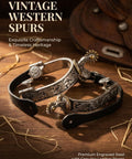 Cowboy Spurs Set With 6 Hole Belt Rotatable Gear Stainless Steel Spurs For Equestrian Riding Leather Spur Straps For Men And Women Classic Western Style For Better Control And Style On The Trail on a wooden table with straw details.