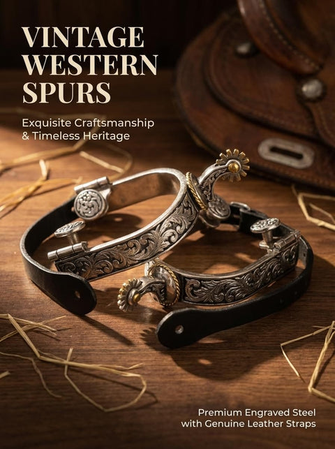 Cowboy Spurs Set With 6 Hole Belt Rotatable Gear Stainless Steel Spurs For Equestrian Riding Leather Spur Straps For Men And Women Classic Western Style For Better Control And Style On The Trail on a wooden table with straw details.