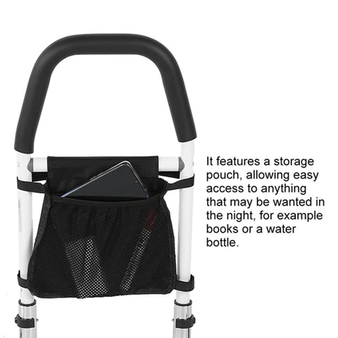Close-up of Sturdy Stainless Steel Bed Rail Safety Aid with anti-slip handrail, featuring convenient storage pouch.