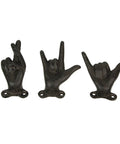 Set Of 3 Hand Gesture Wall Hooks, Super Handy Rustic Cast Iron Decor, 4 Inch Hella Tough Metal Coat Rack for keys and jewelry.