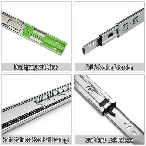 Six Pairs Of 24 Inch Drawer Slides With Soft Close And Full Extension, Heavy Duty Side Mount Rails Detail View