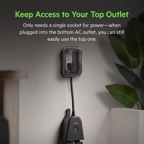 WiFi Smart Outdoor Plug With Two Weather Resistant Outlets setup showing top outlet access with free app control, home setting.