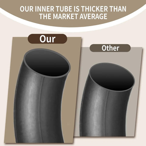 Comparison of thicker Beefy 14x2.125 inner tube side by side with standard tube, illustrating durability and quality.