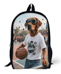Cool Dog With Sunglasses Backpack For Men And Women Durable 600D Polyester Bookbag Lightweight 17 Inch Laptop Daypack Big Capacity Minimalist Casual Work And Travel Bag Everyday Carry Ready with dog wearing sunglasses and holding a basketball on the print.