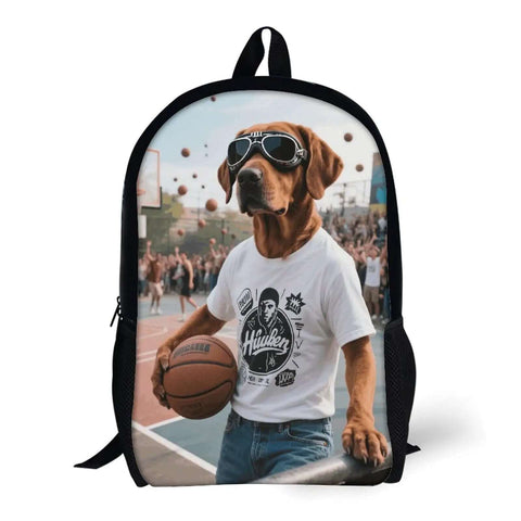 Cool Dog With Sunglasses Backpack For Men And Women Durable 600D Polyester Bookbag Lightweight 17 Inch Laptop Daypack Big Capacity Minimalist Casual Work And Travel Bag Everyday Carry Ready with dog wearing sunglasses and holding a basketball on the print.