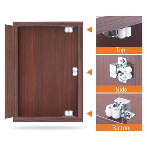 Premium 10 Pack Cabinet Latch Catches With Spring Auto Lock For Wardrobes Cupboards Drawers Durable Metal Hardware Fittings Easy Install Heavy Duty Kitchen Storage Secure Holds stylish metal spring catch mounted on wooden cabinet.