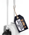 Premium Heavy Duty Toilet Plunger And Brush Set With Sleek Storage Stand, featuring a rubber cup and dense bristles.