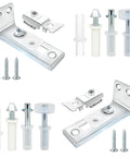 Door Hardware Repair Kit 2 Pack For Bifold Sliding Closet Pocket And Barn Doors With Top And Bottom Brackets Three Eighths Inch Pivot And Seven Eighths To One Inch Guide Wheels Fits Common Track, showing metal brackets and screws.