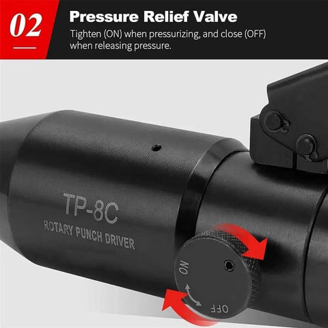 Close-up of pressure relief valve on Portable Manual Hydraulic Hole Punch Kit With 6 Dies, 360 Degree Rotating Conduit Cutter.