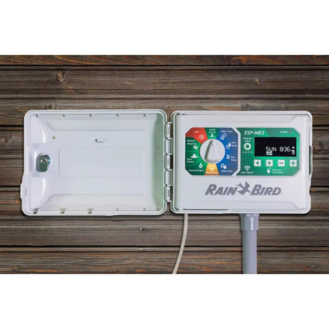 Expandable ESPME3 Lawn Irrigation Controller for Indoor and Outdoor Use With 4 to 22 Stations mounted on wooden wall