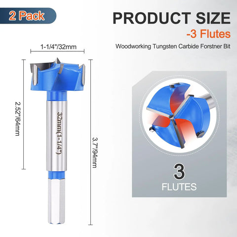 Heavy Duty Forstner Drill Bit 1-1/4 Inch 32 Mm Tungsten Carbide Tips with 3 flutes for woodworking, 64 mm cut depth.