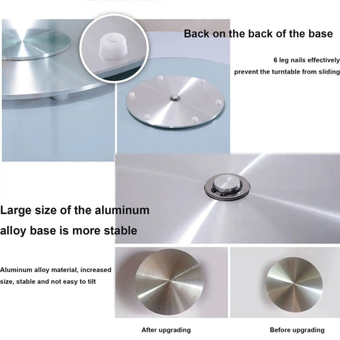 Base of sturdy round tempered glass turntable serving tray 39 inch with silent bearing for dining table and stability features.