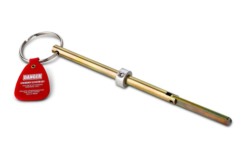 Heavy duty lift key with red tag, part of 2 pack Beefy Universal Elevator Drop Key for emergency access hoistway door unlocking.