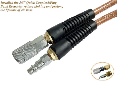 Polyurethane Reinforced Air Hose Three Eighths Inch ID, 100 Foot, 300 PSI, Includes Industrial Quick Coupler And Plug, Bend Restrictor