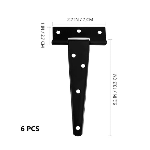 Beefed-Up Heavy Duty 6 By 5 Inch Black Rustproof Iron T Shaped Triangle Hinges shown with measurements