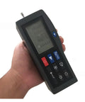 Digital Surface Roughness Tester Heavy Duty Portable Profilometer Gauge held in hand for metal parts inspection and measurement.