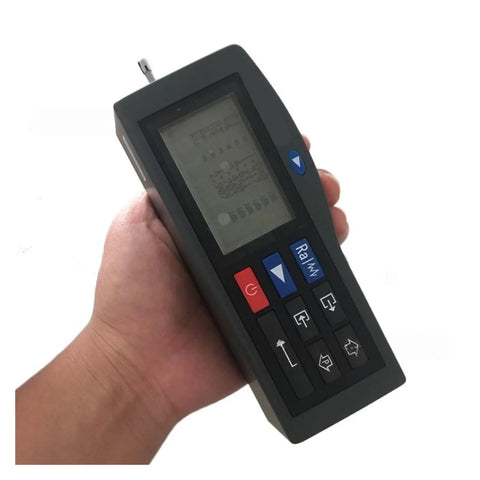 Digital Surface Roughness Tester Heavy Duty Portable Profilometer Gauge held in hand for metal parts inspection and measurement.