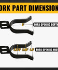 Diagram showing dimensions of black chain link gate latch for fence posts spaced 1-3/8 to 2-3/8 inches, includes padlock hole.