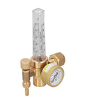 Brass CO2 welding regulator with flowmeter and gauge, close-up view; 0–25 LPM, 0–3500 psi, 5/8 in–18 male connector
