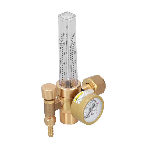 Brass CO2 welding regulator with flowmeter and gauge, close-up view; 0–25 LPM, 0–3500 psi, 5/8 in–18 male connector