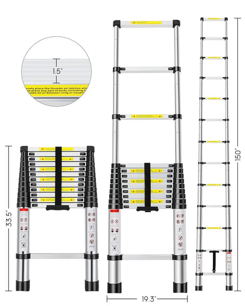 12.5 Foot Aluminum Telescoping Ladder With Two Replacement Non Slip Rubber Covers Portable Multi Purpose Extension Ladder For Indoor Outdoor DIY Projects Easy Auto Lock Stages 330 Pound Load Capacity in various positions and measurements