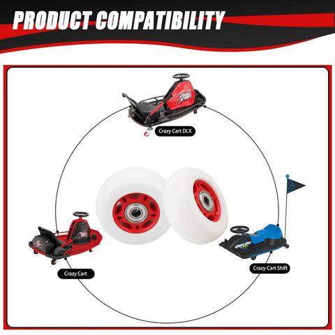Product compatibility diagram featuring Heckuva Durable Replacement Caster Wheels For Razor Crazy Cart Xl Dlx Shift.