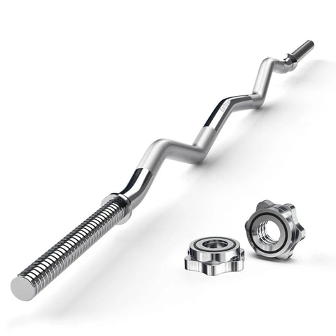 47 Inch EZ Curl Bar With Curved Shaft For Hip Thrusts Squats And Lunges shown with star collars, steel finish.