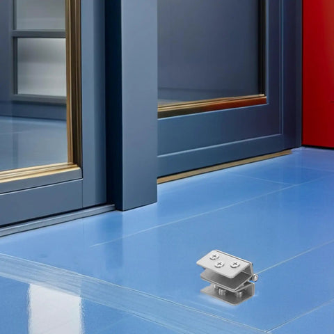Stainless Steel Glass Door Hinge Set For Cabinets And Shower Enclosures, All Weather Heavy Duty Glass Clamp Hardware, Built To Last Bathroom Cabinet Cupboard Hinges For Glass Doors, shown on a glass door