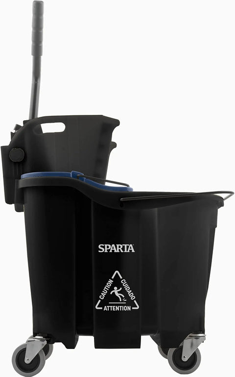 Side view of Omnifit Mop Bucket With Side Press Wringer And Soiled Water Insert For Floor Cleaning In Commercial Kitchens Restaurants And Janitorial Use 35 Quart Black Built Tough Pro Grade Heavy Duty