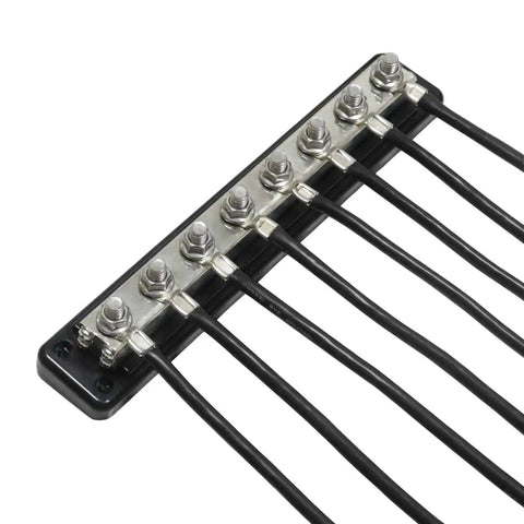 Top Shelf Heavy Duty Copper Battery Bus Bar Rated 600 Amp With Eight Three Eighth Posts And Flame Retardant Housing, close-up view.