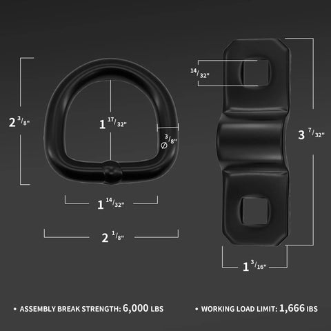 Heavy Duty 3 Eighth Inch Tie Down D Ring Anchors With Mounting Bracket Pack Of Six, dimensions and specifications shown