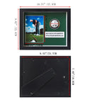 Premium Golf Ball Display Cabinet With Glass Door And 4x6 Photo Frame showcasing dimensions, UV protected solid wood frame