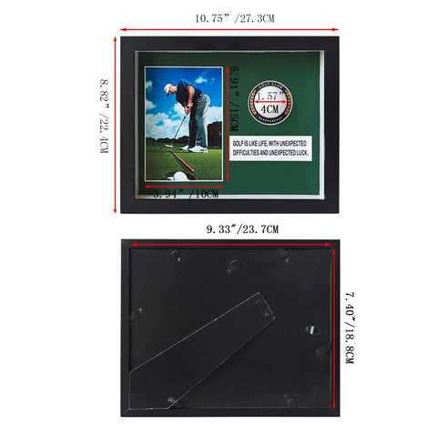 Premium Golf Ball Display Cabinet With Glass Door And 4x6 Photo Frame showcasing dimensions, UV protected solid wood frame
