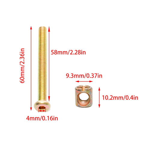 Ten Pack M6 X 60mm Barrel Nut And Bolt Set For Furniture Gold Galvanized Hex Head And Shaft Carbon Steel Universal Hardware Kit Built To Last Easy Install. Close-up of a bolt and nut with measurements.