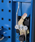 Lockable Steel Tool Cabinet With Multiple Shelves Pro Grade Heavy Duty Tool Storage Organizer For Garage Or Workshop Stacking Metal Cabinet With Secure Locking System Handy Combo Lock For Warehouse Tools, blue steel lock close-up