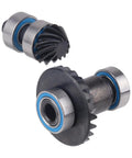 Close-up of CNC machined 24T and 12T steel helical gear set for 1/18 Traxxas TRX4M crawler, showing detailed gear teeth and bearings.