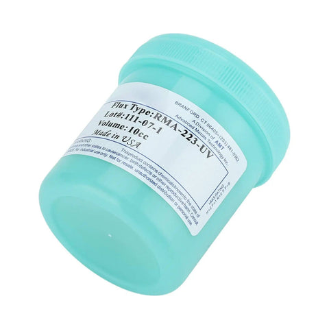 Image of 100g RMA 223 Solder Flux Paste jar for BGA PCB repair and electronic soldering, labeled with product details.