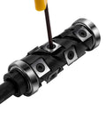 Close-up of a Spiral Flush Trim Router Bit, One Half Inch Shank, 65mm Cutting Length, 32mm Diameter, Top And Bottom Bearing, showing replaceable carbide inserts.
