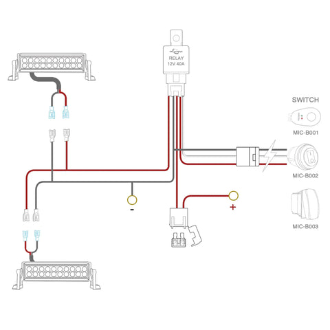 Wiring diagram for Off Road LED Light Bar Wiring Harness with 40A Relay Inline Fuse, On Off Switch, and Two Lead Wires.