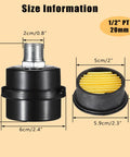 Diagram of Air Compressor Silencer With Built In Filter And Intake Filter Replacement showing size and thread details.
