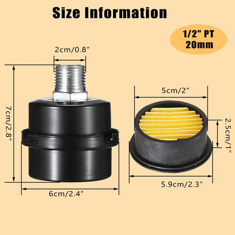 Diagram of Air Compressor Silencer With Built In Filter And Intake Filter Replacement showing size and thread details.