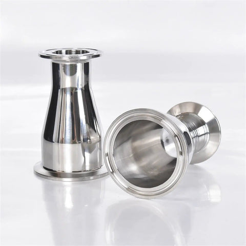 Stainless Steel Tri Clamp Ferrule Reducer Pipe Connector 51mm To 63mm SS304 Health Food Grade, two connectors on white background.