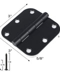 Six Pack Three Inch Matte Black Interior Door Hinges With Rounded Edges Five Eighth Inch Radius, Heavy Duty Iron Hardware