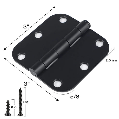Six Pack Three Inch Matte Black Interior Door Hinges With Rounded Edges Five Eighth Inch Radius, Heavy Duty Iron Hardware