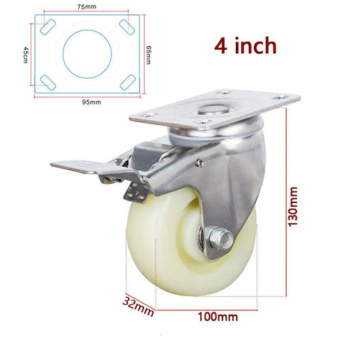Heavy Duty 100mm Swivel Plate Casters With Quiet Nylon Wheels And Brakes For Trolleys Carts And Transport Equipment 440kg Capacity Built To Haul Smooth Quiet Glide Durable And Reliable, 4 inch caster with brake