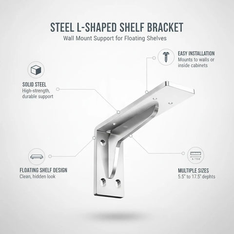 Rugged L Shaped Shelf Bracket Steel Wall Mount for Floating Shelves and Closet Storage, 1 piece, shown with features and dimensions.
