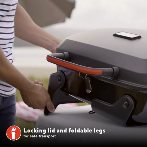 Close-up of locking lid and foldable legs on one burner portable gas grill with stainless steel burner, compact for outdoor use