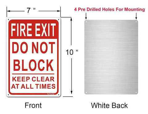 Keep It Clear Fire Exit Sign 10x7 Aluminum Do Not Block Door Weather Resistant Rust Free Easy Mounting 2 Pack High Visibility Red On White For Quick Safety Reminder, front and back
