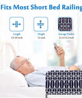 Elderly man using phone beside a bed with Bed Rail Cover For Elderly And Hospital Beds, Washable Fabric Guard With Storage Pocket.